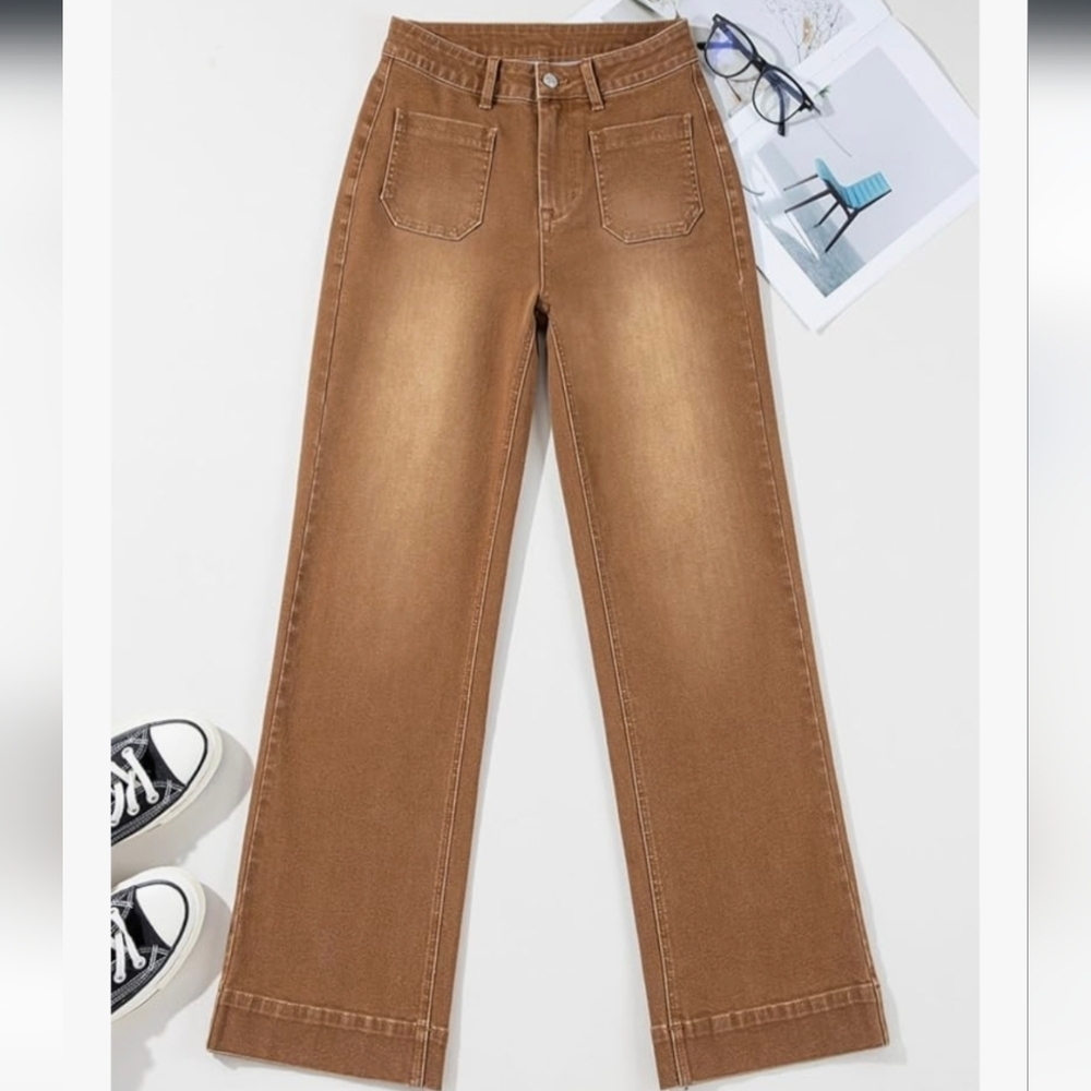 NWOT Astylish Wide Leg Patch Pocket Jeans-Brown